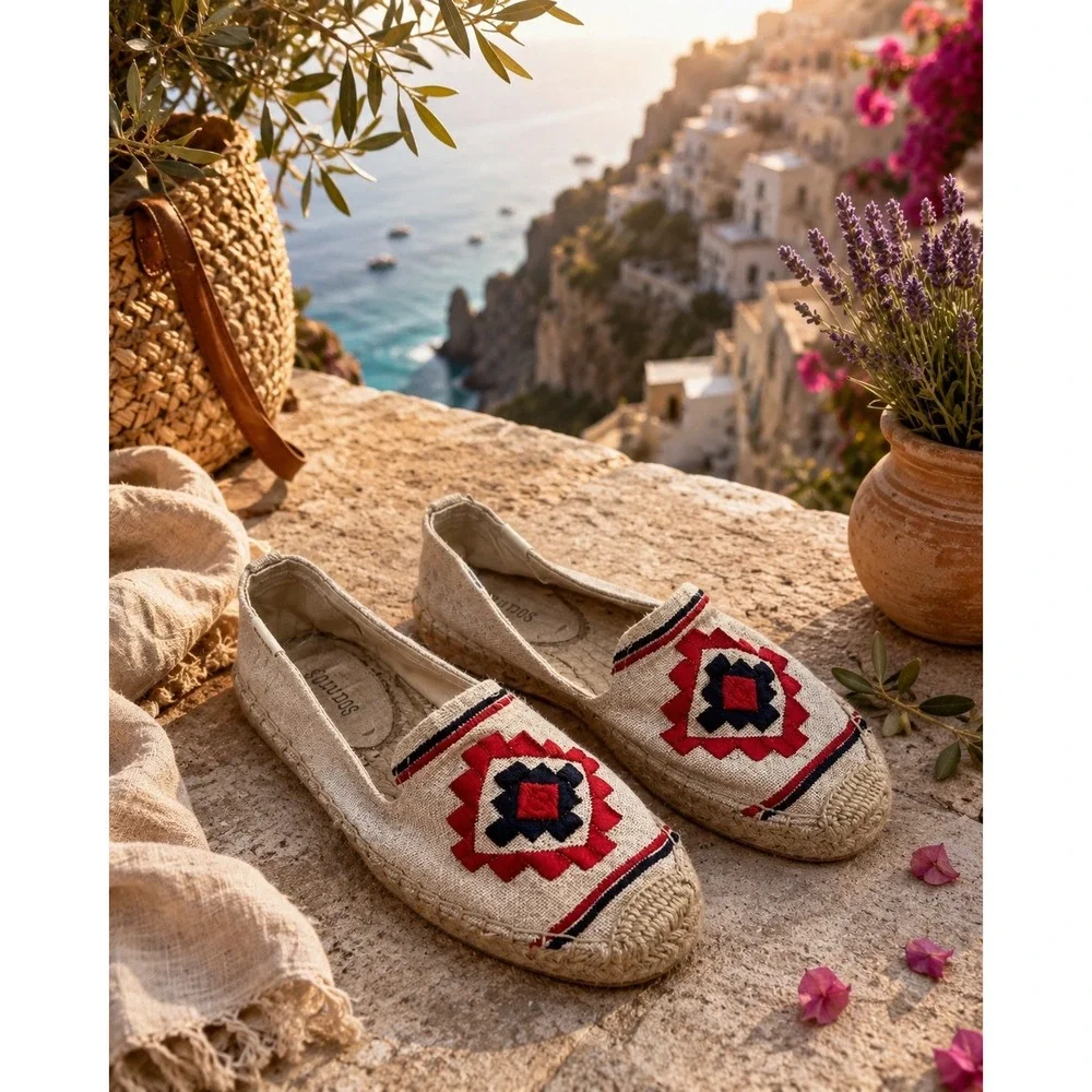 Soludos Womens Geometric Embroidered‎ Canvas Espadrille Smoking Slipper Flats 7